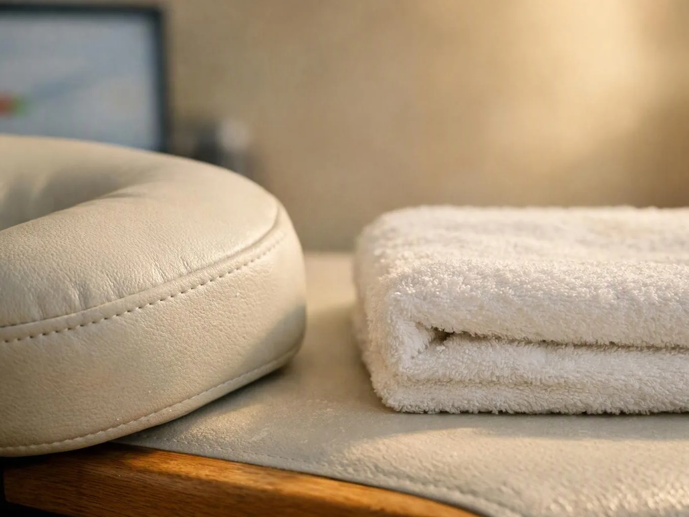 A beige neck pillow sits beside a folded white towel on a tabletop