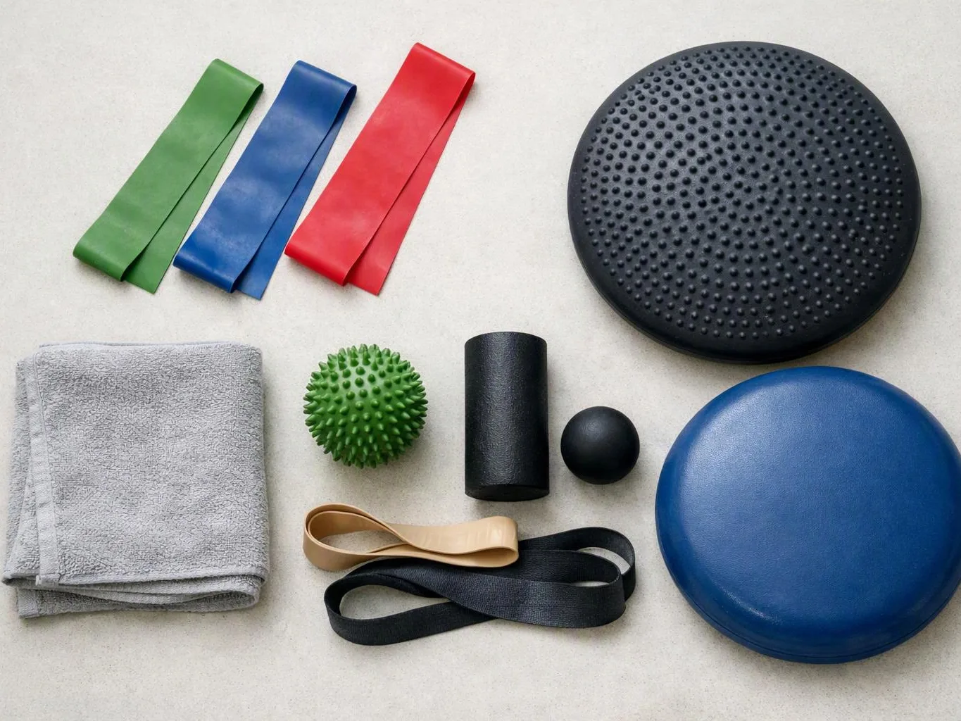 Exercise props and balance tools arranged on a light floor, including bands, balls, pads, and a towel