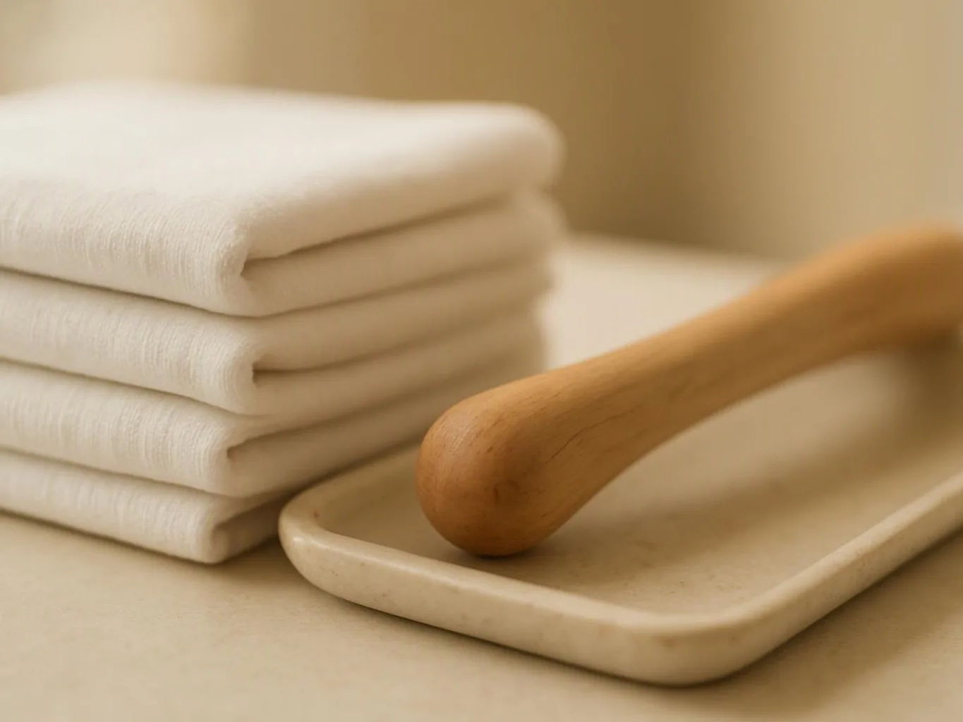 Folded white towels sit beside a wooden-handled tray on a beige surface
