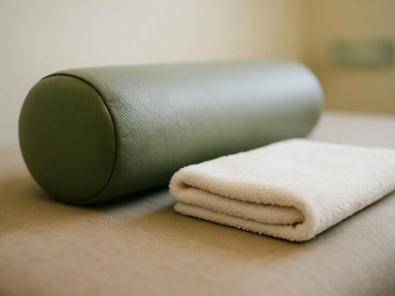 A green cylindrical bolster and a folded white towel sit on a massage table in a softly lit room