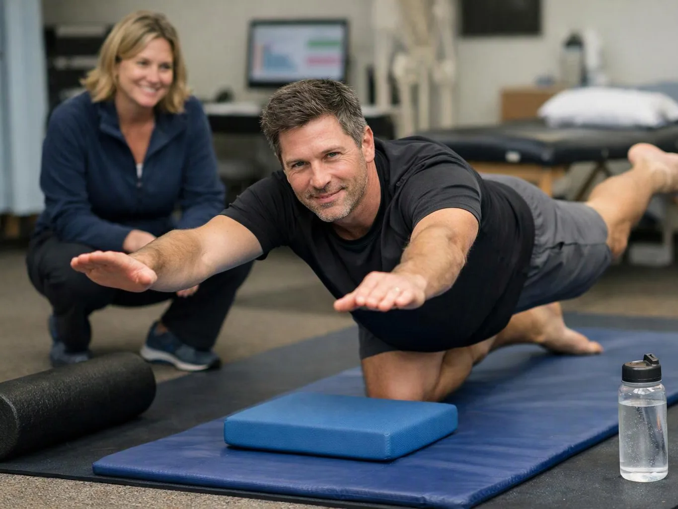 A man balances on hands and knee on a blue mat while a woman kneels behind him in a therapy room