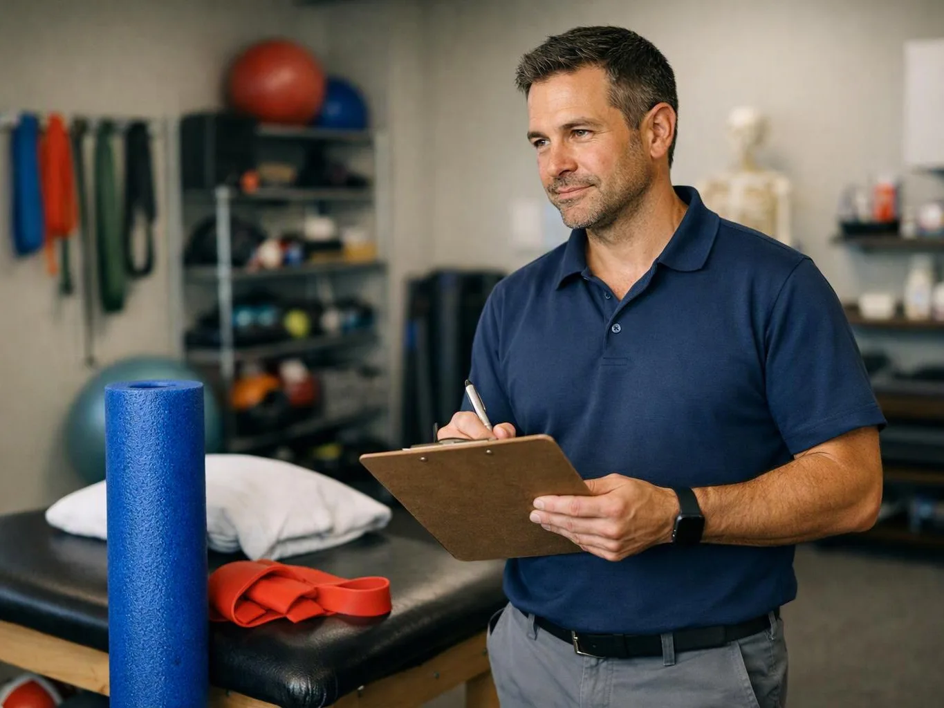 A man in a navy polo writes on a clipboard in a therapy room with exercise tools and a treatment table